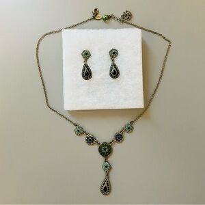 Vintage Style Blue Green Enamel Drop Necklace Pierced Earring Set Adjustable